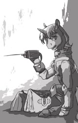 Size: 508x800 | Tagged: safe, artist:adeptus-monitus, oc, oc only, oc:littlepip, species:pony, species:unicorn, fallout equestria, black and white, clothing, fallout equestria illustrated, fanfic, fanfic art, female, grayscale, hooves, horn, mare, monochrome, open mouth, pipbuck, saddle bag, sitting, solo, vault suit