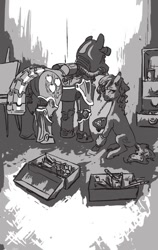 Size: 507x800 | Tagged: safe, artist:adeptus-monitus, oc, oc only, oc:palette (foe), species:earth pony, species:pony, fallout equestria, applejack's cutie mark, applejack's rangers, armor, black and white, fallout equestria illustrated, fanfic, fanfic art, female, grayscale, hooves, male, mare, monochrome, paintbrush, palette, pipbuck, power armor, stable, stable 2, stallion, steel ranger, toolbox