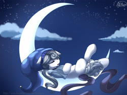 Size: 4743x3543 | Tagged: safe, artist:avery-valentine, oc, oc only, species:pony, crescent moon, moon, night, sleeping, solo, stocking cap, tangible heavenly object, transparent moon