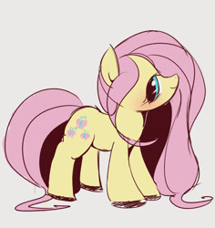 Size: 973x1029 | Tagged: safe, artist:manachaaaaaaaa, character:fluttershy, species:pegasus, species:pony, female, hair over one eye, looking at you, looking sideways, mare, simple background, smiling, solo, standing, white background, wingless