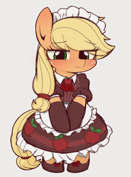 Size: 856x1155 | Tagged: safe, artist:manachaaaaaaaa, character:applejack, species:earth pony, species:pony, bipedal, blushing, clothing, cute, dawwww, eye clipping through hair, female, gray background, jackabetes, maid, maidjack, mare, simple background, smol, solo