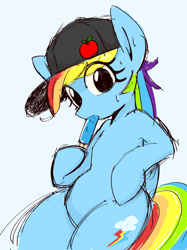 Size: 1024x1366 | Tagged: safe, artist:manachaaaaaaaa, character:rainbow dash, species:pegasus, species:pony, cap, chubby, clothing, cute, dashabetes, female, food, hat, human shoulders, ice cream, implied appledash, implied applejack, implied lesbian, implied shipping, mare, semi-anthro, simple background, solo, sweat, white background