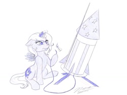 Size: 1024x768 | Tagged: safe, artist:novaintellus, character:princess luna, species:pony, newbie artist training grounds, atg 2019, female, filly, fireworks, fuse, glowing horn, horn, magic, match, monochrome, rocket, signature, sketch, solo, telekinesis, this will end in explosions, this will not end well, tongue out, woona, younger