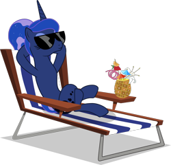 Size: 2162x2079 | Tagged: safe, artist:sonofaskywalker, character:princess luna, species:alicorn, species:pony, episode:between dark and dawn, g4, my little pony: friendship is magic, beach chair, crazy straw, crossed legs, drink, female, hooves behind head, mare, ponytail, relaxing, simple background, solo, sunglasses, transparent background, vector