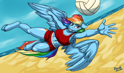 Size: 2580x1524 | Tagged: safe, artist:brushstroke, character:rainbow dash, species:anthro, species:pegasus, species:pony, species:unguligrade anthro, armpits, beach, belly button, bikini, clothing, female, shorts, solo, sports, swimsuit, volleyball