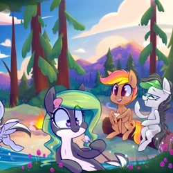 Size: 1080x1080 | Tagged: safe, artist:meekcheep, oc, oc only, oc:front page, oc:marina (efnw), oc:mocha sunrise, oc:sharp focus, species:earth pony, species:pegasus, species:pony, species:sea pony, campfire, cropped, everfree northwest, fire, food, forest, heart eyes, log, marshmallow, mountain, pale belly, scenery, tree, wingding eyes