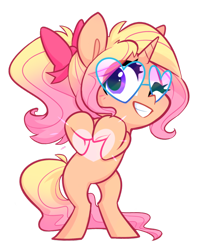 Size: 600x744 | Tagged: safe, alternate version, artist:meekcheep, oc, oc only, oc:starstruck, species:pony, species:unicorn, blonde mane, bow, grin, hair bow, heart, heart hands, one eye closed, purple eyes, rearing, simple background, smiling, solo, sunglasses, tan coat, transparent background, wink