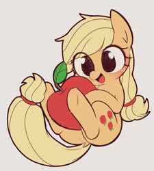 Size: 928x1030 | Tagged: safe, artist:manachaaaaaaaa, character:applejack, species:earth pony, species:pony, apple, big eyes, blushing, chibi, cute, eye clipping through hair, female, food, fullbody, happy, jackabetes, mare, pixiv, simple background, smiling, solo, that pony sure does love apples, weapons-grade cute