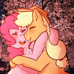 Size: 960x960 | Tagged: safe, artist:suenden-hund, character:applejack, character:pinkie pie, species:pony, ship:applepie, cute, female, hug, icon, lesbian, lesbian flag, love, my little pony, shipping