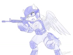 Size: 1024x768 | Tagged: safe, artist:novaintellus, character:rainbow dash, species:pony, newbie artist training grounds, alternate timeline, amputee, apocalypse dash, ar15, armor, artificial wings, atg 2019, augmented, bipedal, clothing, crystal war timeline, female, goggles, gun, helmet, hoof hold, prosthetic limb, prosthetic wing, prosthetics, rifle, sketch, solo, uniform, weapon, wings