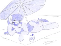 Size: 1024x768 | Tagged: safe, artist:novaintellus, character:octavia melody, species:pony, newbie artist training grounds, atg 2019, beach, clothing, female, looking at you, one-piece swimsuit, prone, signature, sketch, solo, sunglasses, sunscreen, swimsuit, umbrella