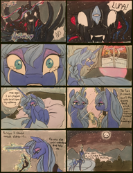 Size: 2626x3420 | Tagged: safe, artist:candasaurus, character:princess luna, character:tantabus, species:alicorn, species:pony, bed, crying, female, hairbrush, mare, mirror, moon, nightmare, s1 luna, solo, traditional art