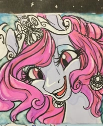 Size: 1054x1280 | Tagged: safe, artist:candasaurus, character:princess celestia, species:alicorn, species:pony, alternate hairstyle, bust, ear piercing, earring, female, happy, jewelry, mare, piercing, pink-mane celestia, portrait, smiling, traditional art