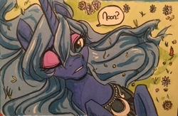 Size: 1280x835 | Tagged: safe, artist:candasaurus, character:princess luna, species:alicorn, species:pony, female, flower, grass, mare, on back, one eye closed, s1 luna, solo, traditional art