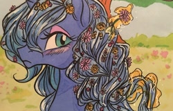 Size: 1280x821 | Tagged: safe, artist:candasaurus, character:princess luna, species:alicorn, species:pony, blushing, braid, bust, female, flower, flower in hair, implied princess celestia, lidded eyes, mare, offscreen character, portrait, s1 luna, solo, traditional art
