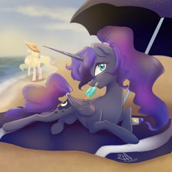 Size: 1280x1280 | Tagged: safe, artist:candasaurus, character:princess celestia, character:princess luna, species:alicorn, species:pony, alternate hairstyle, beach, beach hat, beach towel, beach umbrella, clothing, cloud, cute, female, food, hat, lunabetes, mare, ocean, ponytail, popsicle, profile, prone, sand, sky, solo focus, sun lotion, sunscreen, tail wrap
