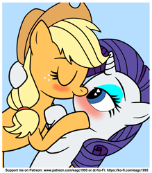 Size: 1865x2129 | Tagged: safe, artist:eagc7, character:applejack, character:rarity, species:earth pony, species:pony, species:unicorn, ship:rarijack, bedroom eyes, blushing, blushing profusely, clothing, cute, duo, female, hat, jackabetes, kissing, ko-fi, lesbian, mare, patreon, raribetes, shipping, simple background