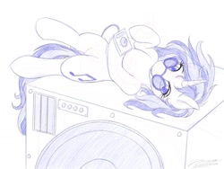 Size: 1024x768 | Tagged: safe, artist:novaintellus, character:dj pon-3, character:vinyl scratch, species:pony, species:unicorn, newbie artist training grounds, atg 2019, female, looking at you, mare, monochrome, on back, smiling, solo, speaker