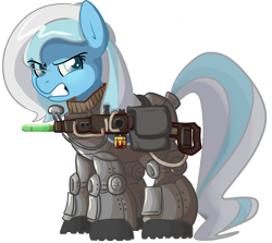 Size: 1925x1717 | Tagged: safe, artist:pippy, oc, oc only, oc:wintermute, species:earth pony, species:pony, fallout equestria, armor, battle saddle, energy weapon, fanfic, fanfic art, female, gritted teeth, grumpy, gun, hooves, magical energy weapon, mare, power armor, rifle, scowl, simple background, solo, steel ranger, transparent background, weapon