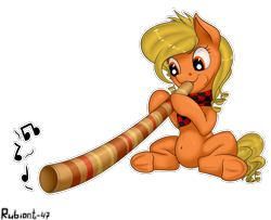 Size: 1500x1220 | Tagged: safe, artist:rubiont, derpibooru original, oc, oc only, species:earth pony, species:pony, clothing, didgeridoo, female, mare, music notes, musical instrument, scarf, simple background, sitting, solo, transparent background