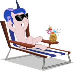 Size: 2162x2079 | Tagged: safe, artist:sonofaskywalker, edit, editor:slayerbvc, character:princess luna, species:alicorn, species:pony, episode:between dark and dawn, g4, my little pony: friendship is magic, beach chair, crazy straw, crossed legs, drink, female, furless, furless edit, hooves behind head, mare, nude edit, nudity, ponytail, relaxing, shaved, shaved tail, simple background, solo, sunglasses, transparent background, vector, vector edit