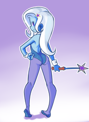 Size: 1152x1584 | Tagged: safe, artist:drantyno, character:trixie, my little pony:equestria girls, ass, butt, clothing, female, flats, leotard, looking at you, looking back, looking back at you, magician outfit, pantyhose, solo, the great and powerful ass, wand