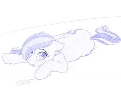 Size: 1024x768 | Tagged: safe, artist:novaintellus, character:marble pie, species:earth pony, species:pony, newbie artist training grounds, atg 2019, blushing, female, floppy ears, looking at you, lying down, mare, monochrome, solo