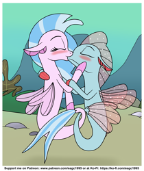 Size: 1857x2213 | Tagged: safe, artist:eagc7, character:ocellus, character:silverstream, species:changeling, species:reformed changeling, species:seapony (g4), ship:ocellustream, blushing, disguise, disguised changeling, eyes closed, female, interspecies, intertwined tails, kissing, ko-fi, lesbian, mermaid lovers, ocean, patreon, seaponified, seapony ocellus, shipping, species swap, tail, underwater, water