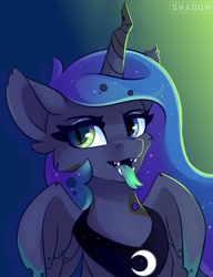 Size: 1000x1300 | Tagged: safe, artist:php97, character:princess luna, character:queen chrysalis, colored tongue, commission, disguise, disguised changeling, ear fluff, female, forked tongue, heterochromia, mismatched eyes, solo