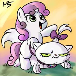 Size: 945x945 | Tagged: safe, artist:megasweet, artist:rustydooks, character:opalescence, character:sweetie belle, species:pony, species:unicorn, colored, duo, female, filly, pet, ponies riding cats, riding
