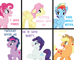 Size: 947x774 | Tagged: safe, artist:trotsworth, character:applejack, character:fluttershy, character:pinkie pie, character:rainbow dash, character:rarity, character:twilight sparkle, oc:dusk shine, applejack (male), bubble berry, butterscotch, elusive, implied selfcest, male, male six, man six, mane six, meme, one of these things is not like the others, rainbow blitz, rule 63, shipping, simple background, smiling, text, transparent background, you're going to love me