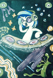 Size: 2736x4016 | Tagged: safe, artist:lytlethelemur, character:dj pon-3, character:vinyl scratch, species:pony, species:unicorn, female, glasses, headphones, mare, solo, traditional art, turntable