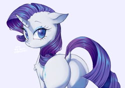 Size: 1016x719 | Tagged: safe, artist:toroitimu, character:rarity, species:pony, species:unicorn, butt, chest fluff, cute, dialogue, dock, female, looking at you, looking back, looking back at you, mare, plot, rearity, simple background, solo, white background