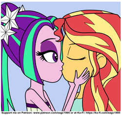 Size: 2167x2035 | Tagged: safe, artist:eagc7, character:aria blaze, character:sunset shimmer, ship:sunblaze, my little pony:equestria girls, bare shoulders, clothing, female, kissing, ko-fi, lesbian, patreon, shipping, siblings, simple background, sisters, sleeveless, strapless, sunblaze