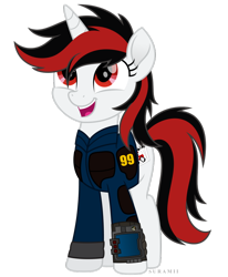 Size: 812x984 | Tagged: safe, artist:sgtsanttu, artist:sirhcx, artist:suramii, oc, oc only, oc:blackjack, species:pony, species:unicorn, fallout equestria, fallout equestria: project horizons, my little pony: the movie (2017), clothing, fanfic, fanfic art, female, hooves, horn, mare, movie accurate, open mouth, pipbuck, security armor, simple background, solo, transparent background, vault security armor, vault suit