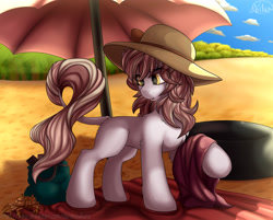 Size: 4416x3543 | Tagged: safe, artist:avery-valentine, oc, oc only, species:crab, species:earth pony, species:pony, bag, beach, beach blanket, clothing, female, hat, leonine tail, looking at something, mare, solo, sun hat, umbrella