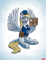 Size: 1481x1920 | Tagged: safe, artist:wwredgrave, character:derpy hooves, species:pegasus, species:pony, box, clothing, cutie mark, female, happy, holding, looking at you, mailmare, mare, parcel, sitting, smiling, solo, spread wings, uniform, wings