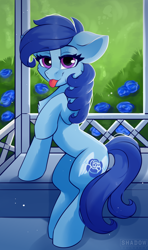 Size: 1300x2200 | Tagged: safe, artist:php97, oc, oc only, oc:raylanda, species:earth pony, species:pony, blep, bush, chest fluff, cute, cutie mark, eyelashes, female, flower, gazebo, looking at you, mare, raised hoof, rose, solo, tongue out
