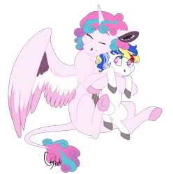 Size: 890x898 | Tagged: safe, artist:colourstrike, character:princess flurry heart, oc, oc:prince maximus, parent:princess cadance, parent:shining armor, parents:shiningcadance, species:alicorn, species:pegasus, species:pony, big sister, brother and sister, colored hooves, cute, eyes closed, female, hug, leonine tail, male, offspring, older, older flurry heart, siblings, simple background, transparent background