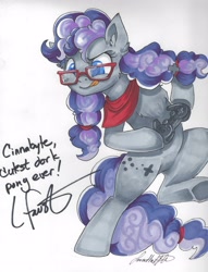 Size: 2475x3236 | Tagged: safe, artist:jadedjynx, oc, oc only, oc:cinnabyte, species:earth pony, species:pony, bipedal, controller, female, glasses, mare, neckerchief, solo, tongue out, traditional art