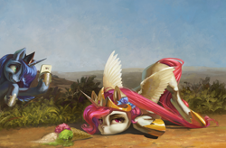 Size: 2000x1313 | Tagged: safe, artist:bra1neater, artist:v747, character:princess celestia, character:princess luna, species:alicorn, species:pony, bored, bow, bush, celestia is not amused, cellphone, crown, cute, cutelestia, dirt road, dropped ice cream, duo, face down ass up, featured on derpibooru, female, food, grin, hair bow, hoof hold, hoof shoes, ice cream, ice cream cone, jewelry, lunabetes, majestic as fuck, mare, phone, pink-mane celestia, pouting, regalia, road, royal sisters, s1 luna, scrunchy face, sibling rivalry, siblings, sisters, smartphone, smiling, this will end in tears and/or a journey to the moon, tripped, trolluna, unamused, upset, younger