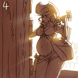 Size: 1000x1000 | Tagged: safe, artist:glasmond, character:applejack, backlighting, belly button, between breasts, clothing, daisy dukes, hammer, humanized, limited palette, open fly, pregnant, working