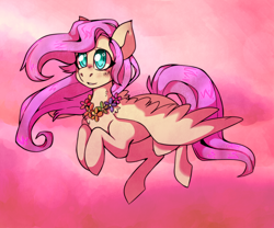 Size: 1200x1000 | Tagged: safe, artist:cinnamonsparx, character:fluttershy, species:pegasus, species:pony, blushing, female, flower necklace, hooves to the chest, mare, solo, spread wings, three quarter view, wings