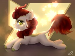 Size: 1280x960 | Tagged: safe, artist:radioaxi, character:autumn blaze, species:kirin, abstract background, awwtumn blaze, backlighting, cute, female, prone, quadrupedal, signature, smiling, solo