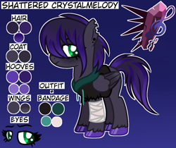 Size: 1280x1077 | Tagged: safe, artist:midnightamber, base used, oc, oc:shattered crystalmelody, species:pegasus, species:pony, bandage, clothing, colored hooves, colored wings, ear piercing, earring, female, gradient background, gradient hair, gradient wings, hoodie, jewelry, music notes, piercing, reference sheet, ripped ears, solo, torn sleeves, wings