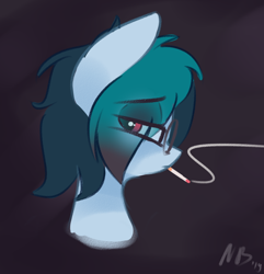 Size: 1168x1210 | Tagged: safe, artist:nevobaster, oc, oc:delta vee, species:pegasus, species:pony, abstract background, black background, bust, depressed, eye clipping through hair, female, head only, mare, portrait, simple background, smoking, solo