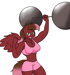 Size: 779x831 | Tagged: safe, artist:matchstickman, oc, oc only, oc:masquerade, species:anthro, species:pegasus, species:pony, abs, anthro oc, armpits, barbell, biceps, breasts, clothing, female, flexing, jewelry, looking at you, mare, muscles, necklace, simple background, solo, strong, weight lifting, white background
