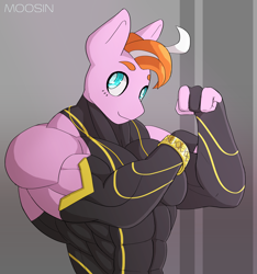 Size: 2340x2500 | Tagged: safe, artist:mopyr, oc, oc only, oc:oree, species:anthro, abs, ahoge, bracelet, clothing, gloves, jewelry, long gloves, male, muscles, outfit, skintight clothes, solo