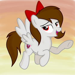 Size: 1520x1520 | Tagged: safe, artist:rsa.fim, oc, oc:whisper hope, species:pegasus, species:pony, bow, female, looking at you, mare, one hoof raised, red eyes, simple background, smiling
