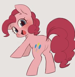 Size: 983x1007 | Tagged: safe, artist:manachaaaaaaaa, character:pinkie pie, species:earth pony, species:pony, balloonbutt, bipedal, blushing, butt, cute, diapinkes, dock, featureless crotch, female, looking at you, looking back, looking back at you, mare, open mouth, plot, simple background, solo